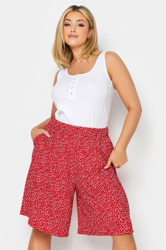 YOURS Plus Size Red Ditsy Print Pull On Shorts | Yours Clothing 1