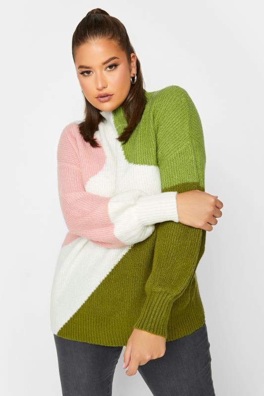 Curve Plus Size Green & Pink Colourblock Knitted Jumper | Yours Clothing  2