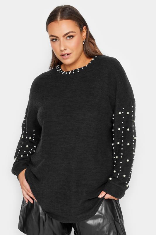 YOURS LUXURY Curve Black Pearl & Sequin Embellished Long Sleeve Soft Touch Jumper | Yours Clothing 1