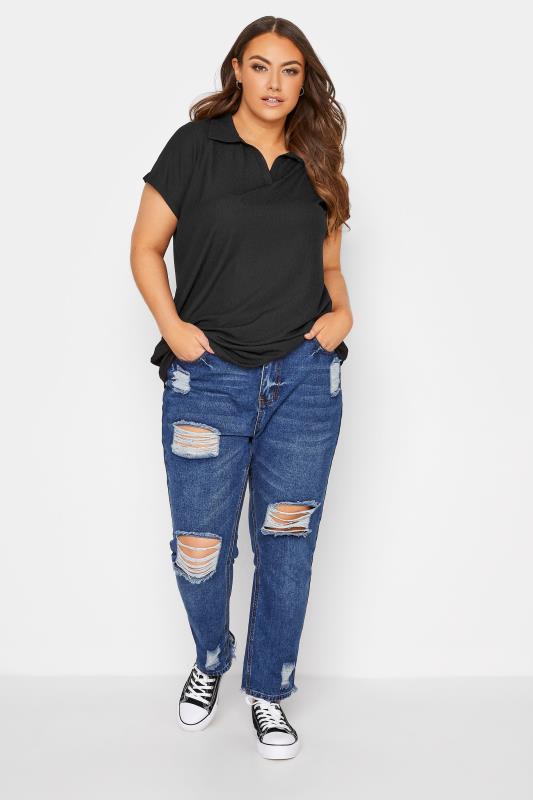Plus Size Black Textured Polo Top | Yours Clothing  2