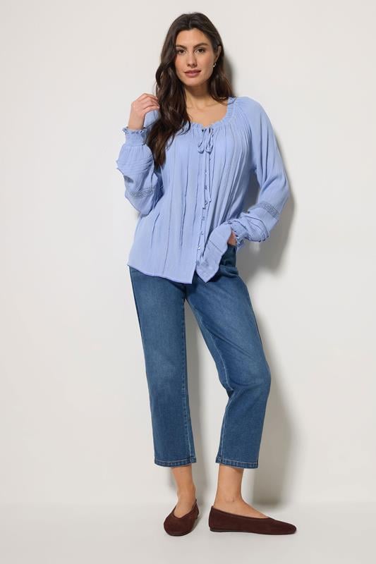 M&Co Blue Trim Detail Tie Neck Blouse | M&Co 1