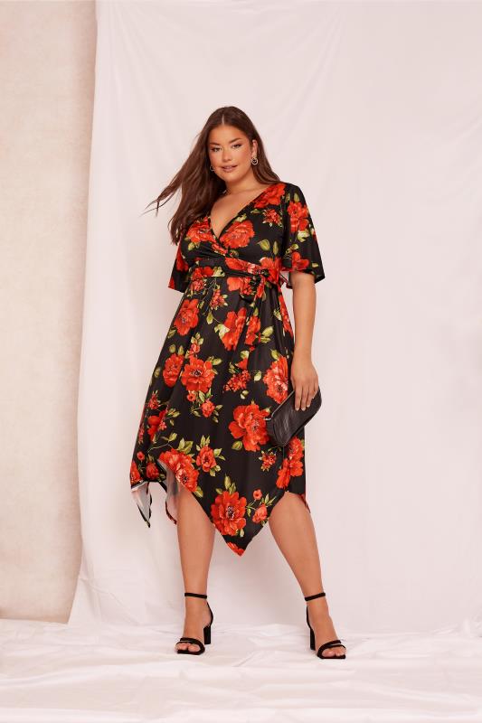 YOURS LONDON Plus Size Black & Red Floral Hanky Hem Dress | Yours Clothing 5
