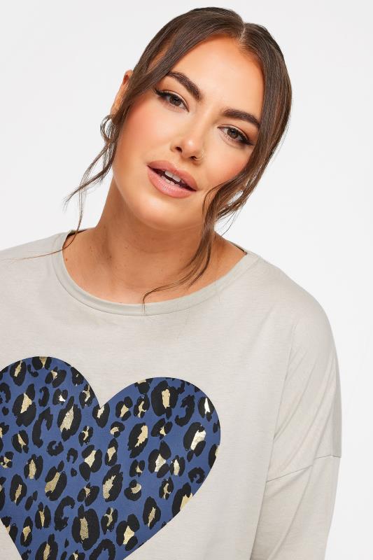 YOURS Plus Size Grey Leopard Print Heart Oversized T-Shirt | Yours Clothing 4