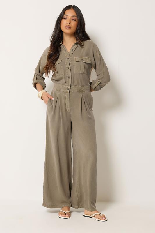 PixieGirl Petite Women's Stone Brown Acid Wash Wide Leg Jumpsuit | PixieGirl 1
