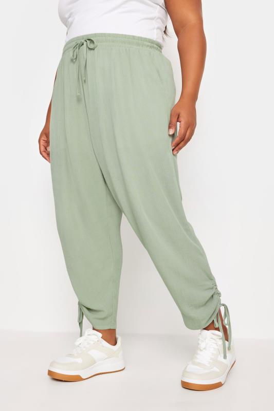 YOURS Plus Size Sage Green Crinkle Ruched Cropped Trousers | Yours Clothing 1