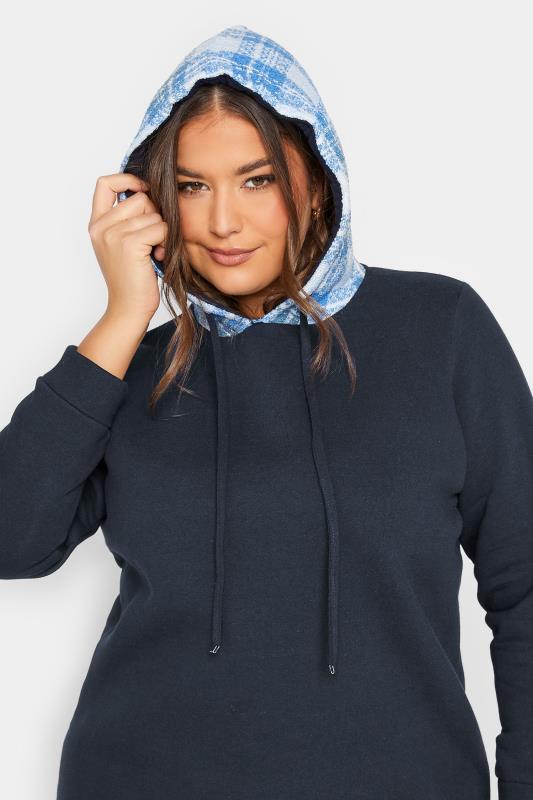 Plus Size Navy Blue Check Hoodie | Yours Clothing  4