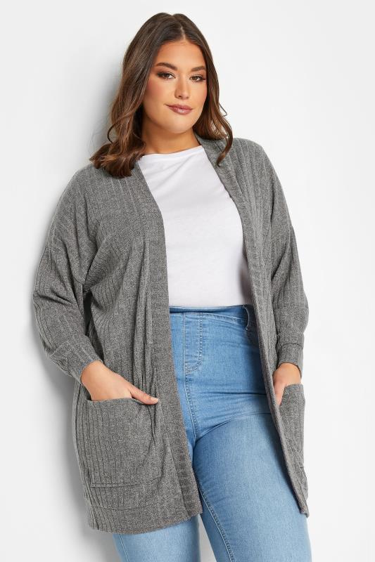 Plus Size  YOURS Curve Grey Ribbed Pocket Cardigan