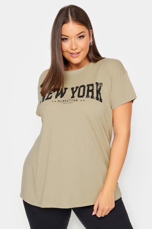  Tallas Grandes YOURS Curve Beige Brown 'New York' Slogan T-Shirt