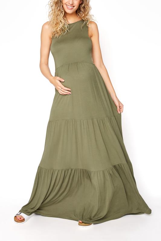 LTS Tall Maternity Khaki Green Tiered Maxi Dress_A.jpg