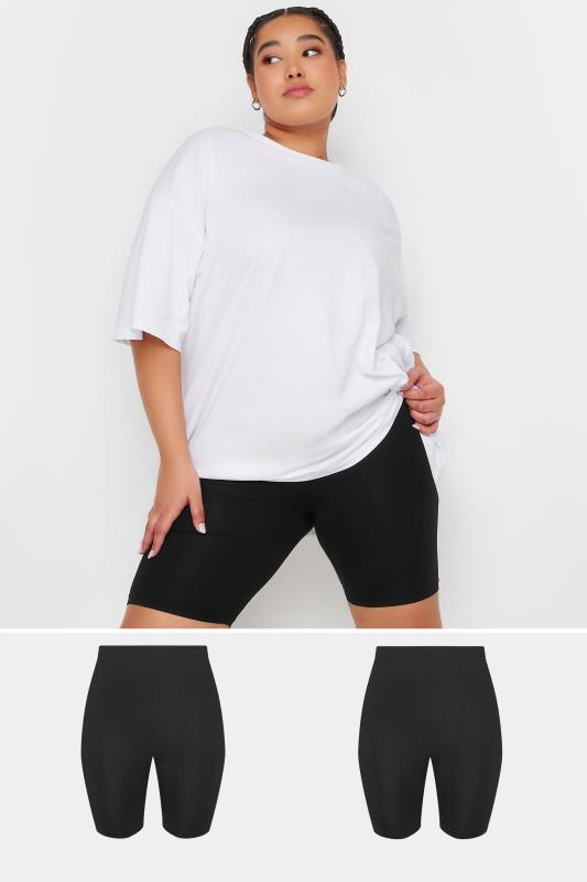 2 PACK Plus Size Black Stretch Cycling Shorts | Yours Clothing 1