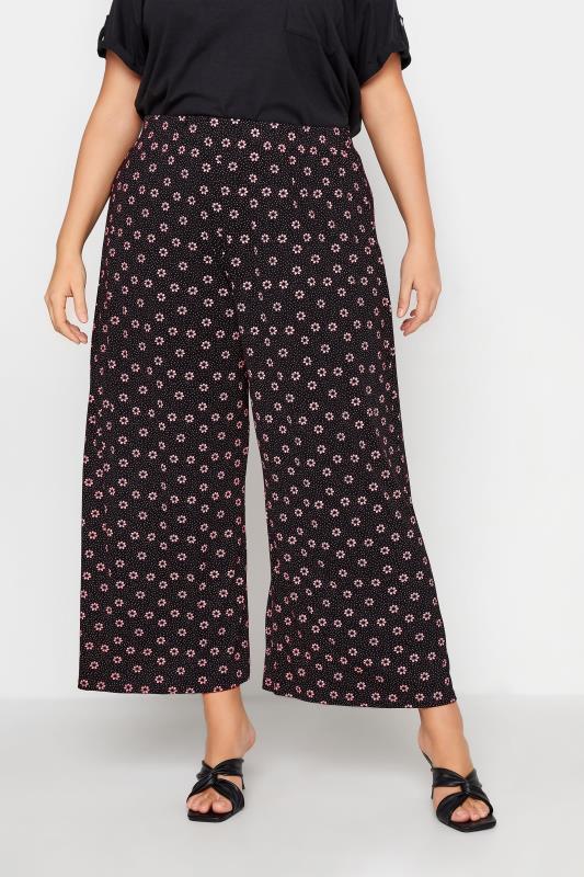 LIMITED COLLECTION Curve Black & Pink Daisy Print Wide Leg Trousers_A.jpg