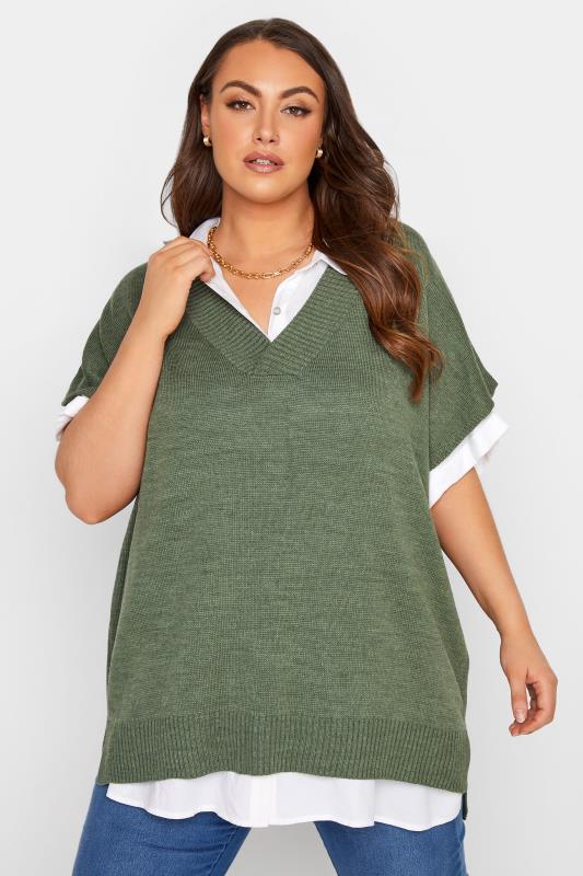 Plus Size Curve Khaki Green V-Neck Knitted Vest | Yours Clothing 1