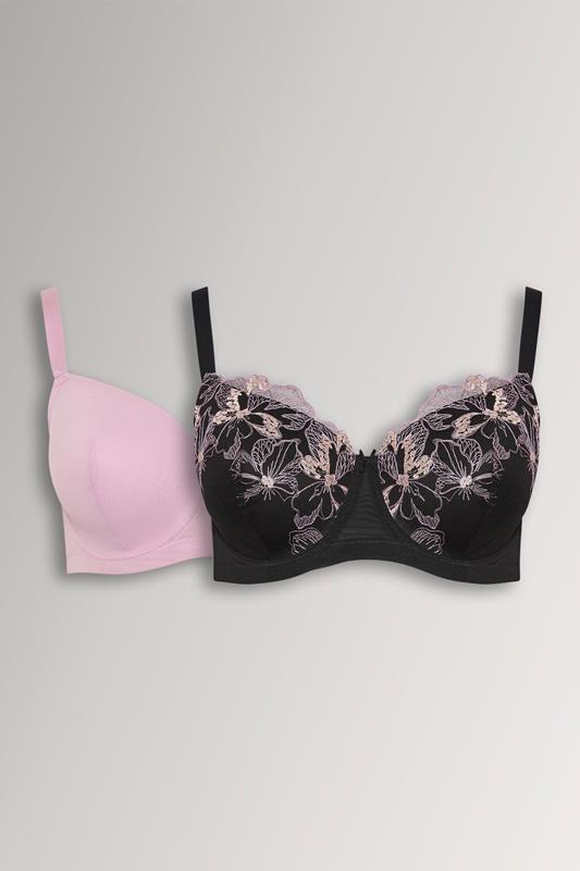  YOURS 2 PACK Curve Black & Pink Embroidered Floral Padded Bras