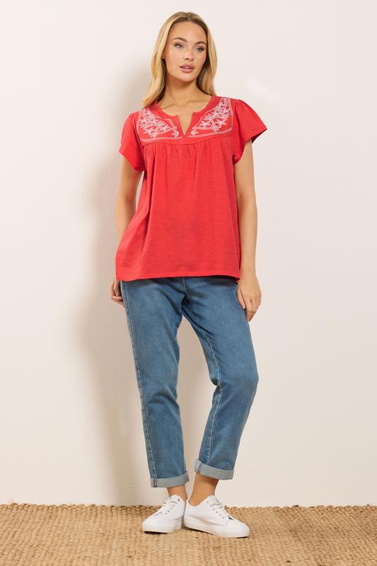 M&Co Orange Embroidered Cotton Notch Neck Top | M&Co 1