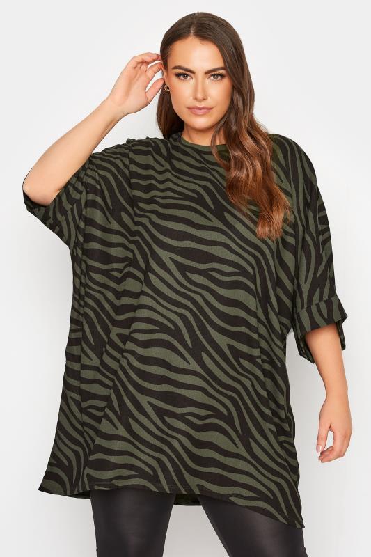 Plus Size  Curve Khaki Green Zebra Print Top