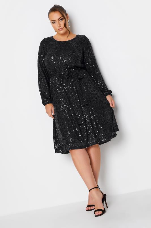 YOURS LONDON Plus Size Black Sequin Skater Dress | Yours Clothing 4