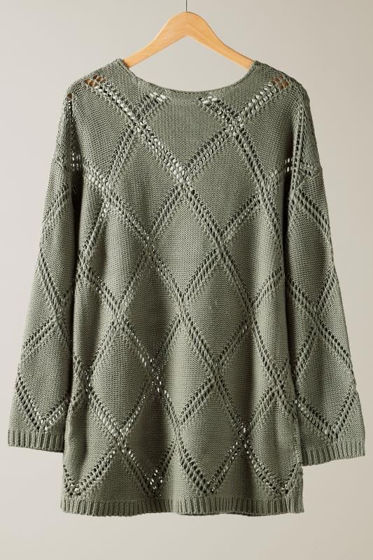 EVANS Plus Size Khaki Green Diamond Pointelle Jumper | Evans 6