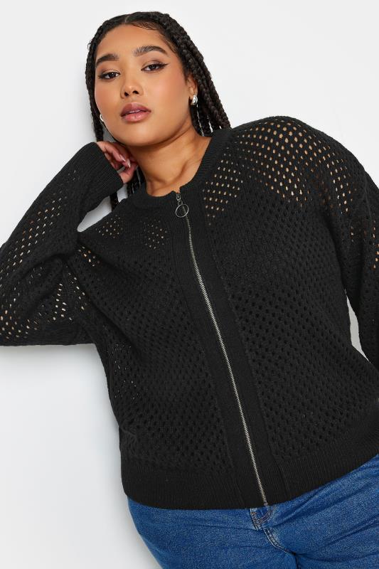 YOURS Plus Size Black Crochet Bomber Cardigan | Yours Clothing 1