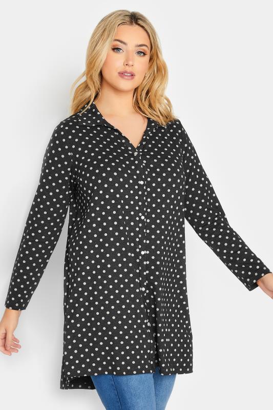 Plus Size Charcoal Grey Polka Dot Button Through Shirt | Yours Clothing  1
