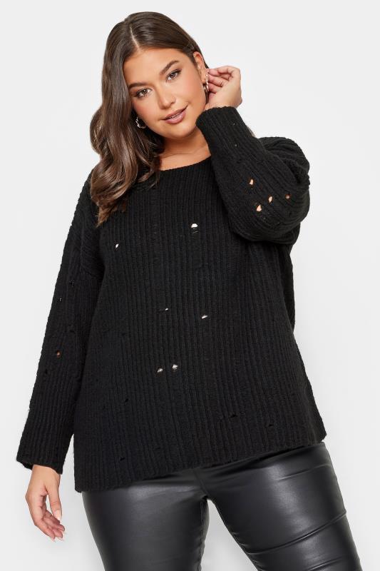 YOURS Plus Size Black Distressed Knit Jumper | Yours Clothing 1