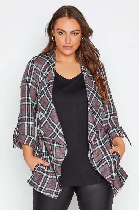 Plus Size Grey Checked Waterfall Jacket | Yours Clothing  1