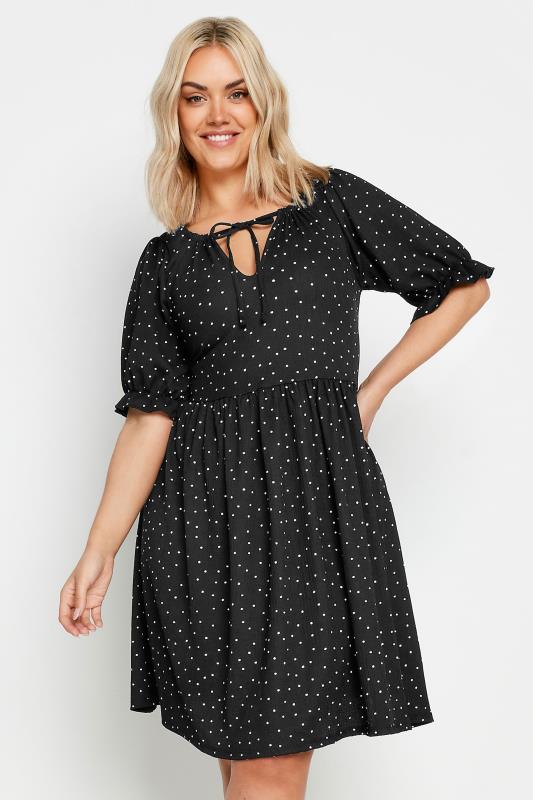 YOURS Plus Size Black Dot Print Smock Mini Dress | Yours Clothing 1