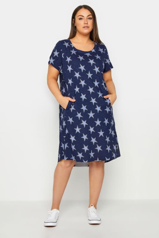 Evans Navy Blue Star Print Pocket Midi Dress 1