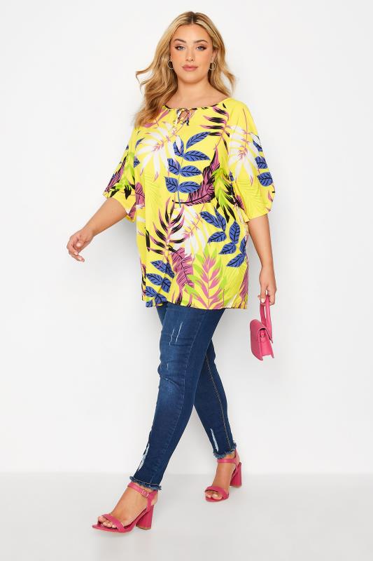 YOURS Plus Size Yelllow Tropical Print Tie Neck Top | Yours Clothing 2