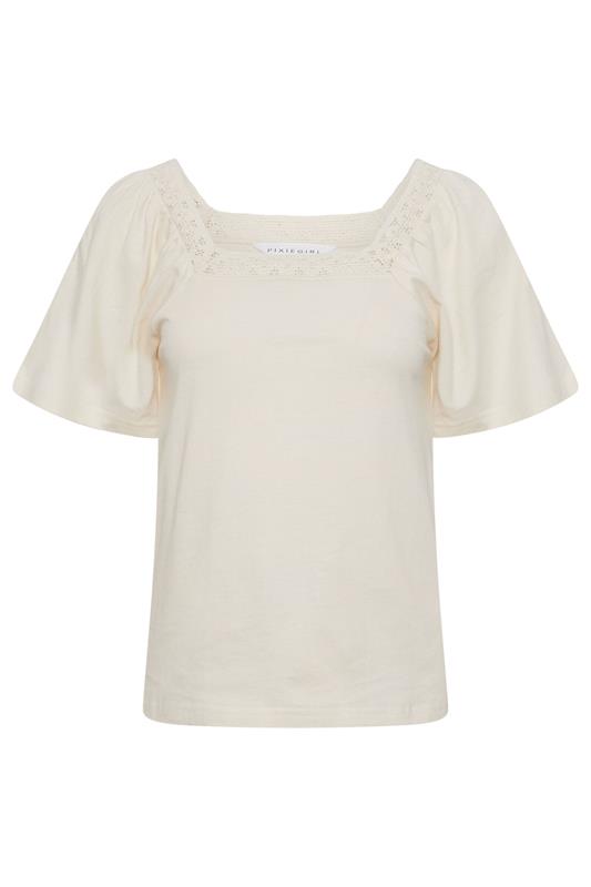 PixieGirl Petite Women's Ivory White Crochet Trim Flutter Sleeve Cotton T-Shirt | PixieGirl 5
