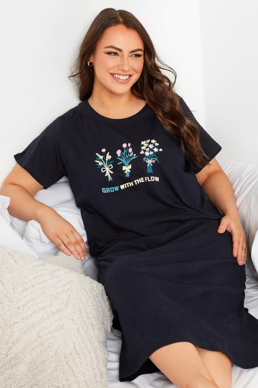 YOURS Curve Plus Size Navy Blue 'Grow With The Flow' Midaxi Nightdress | Yours Clothing 3