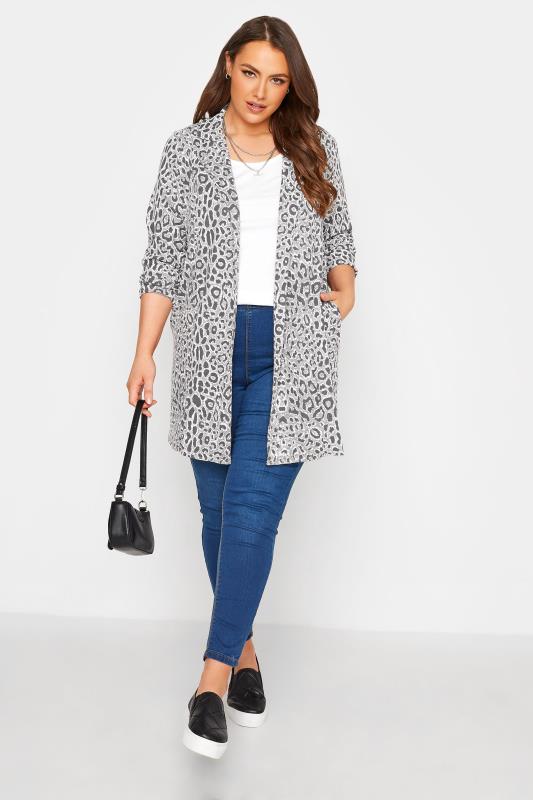 Plus Size Grey Leopard Print Longline Blazer | Yours Clothing 2
