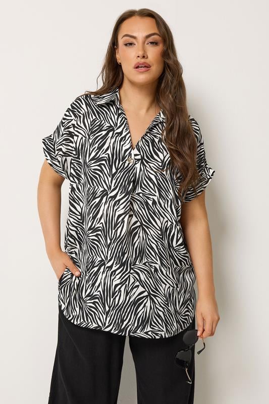  YOURS Blouse noire zébrée à demi-patte de boutonnage