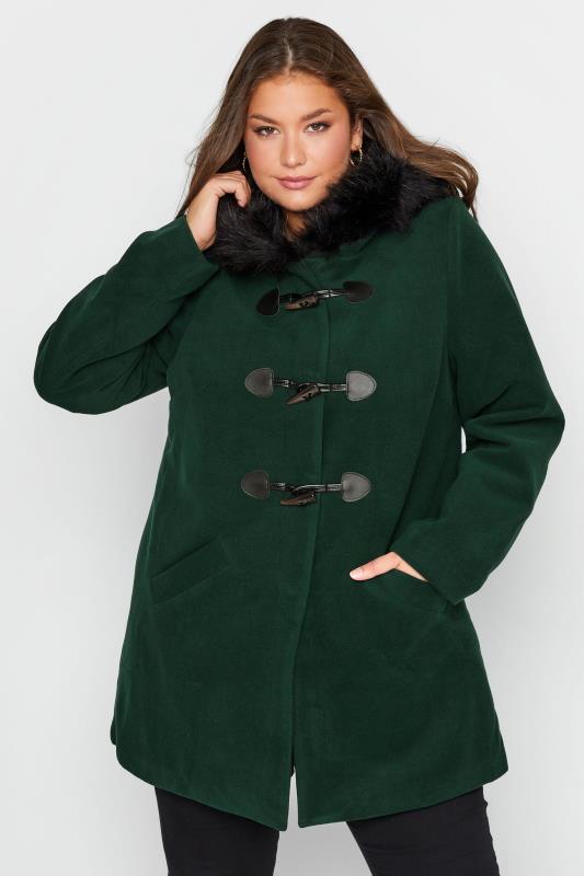 Plus Size Forest Green Faux Fur Trim Duffle Coat | Yours Clothing 3