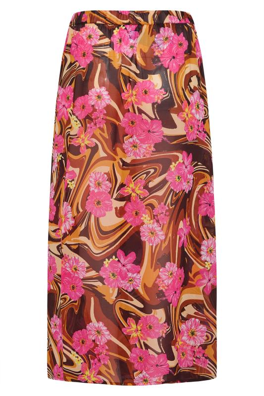Plus Size Brown Marble Floral Print Side Split Beach Skirt | Yours Clothing 6