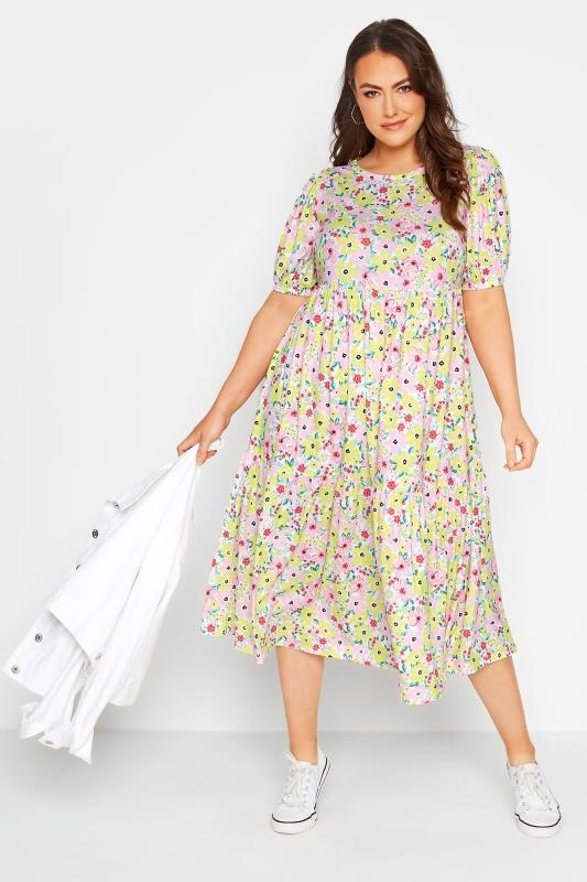 Plus Size  Curve Pink & Yellow Floral Print Puff Sleeve Smock Midaxi Dress
