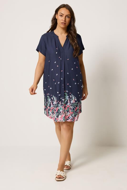 YOURS Plus Size Navy Blue Floral Tunic Dress | Yours Clothing 1