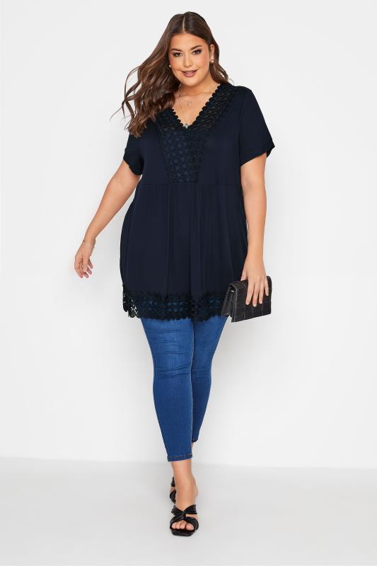 Plus Size Navy Blue Crochet Detail Peplum Tunic | Yours Clothing 2