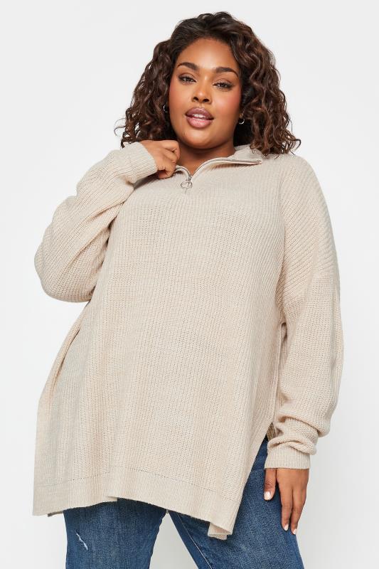 YOURS Plus Size Cream Quarter Zip Jumper | Yours Clothing 3