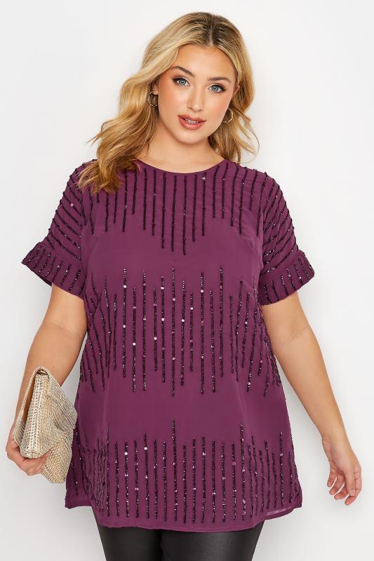  Tallas Grandes LUXE Curve Purple Sequin Hand Embellished Top