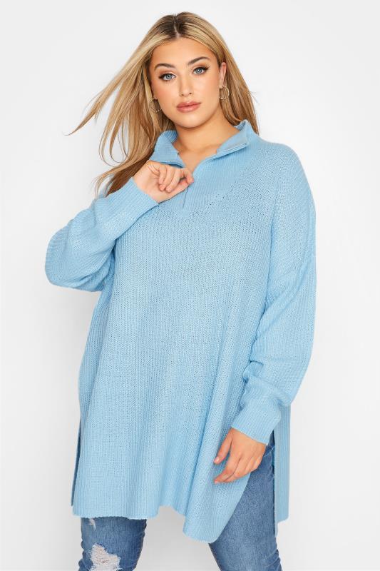 Plus Size Curve Blue Quarter Zip Knitted Jumper | Yours Clothing 1