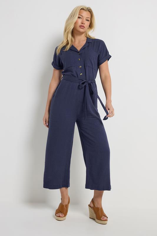M&Co Navy Blue Tie Waist Linen Jumpsuit | M&Co 2