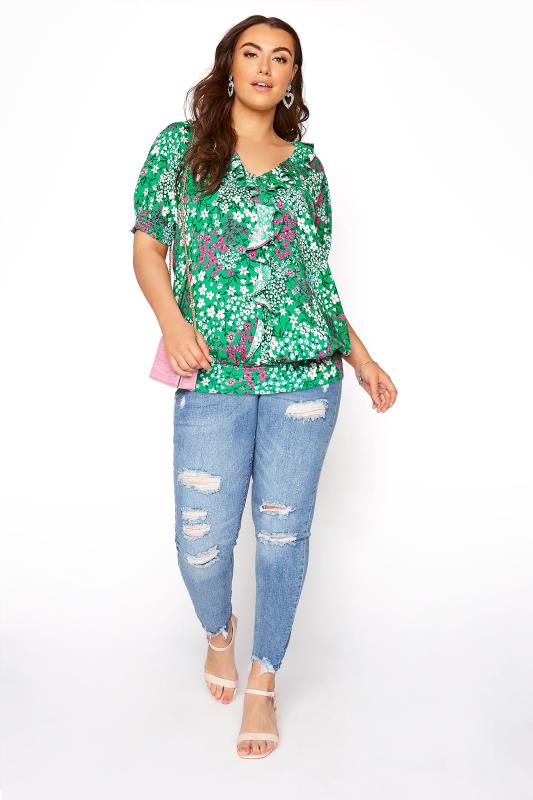 YOURS LONDON Green Floral Shirred Frill Top_B.jpg