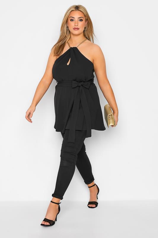 YOURS LONDON Plus Size Black Chain Neck Peplum Top | Yours Clothing 2