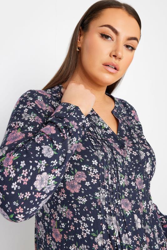 YOURS Plus Size Navy Blue Floral Print Pintuck Blouse | Yours Clothing 4