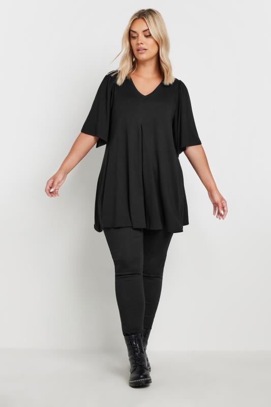 Plus Size Black Pleat Angel Sleeve Swing Top | Yours Clothing 2