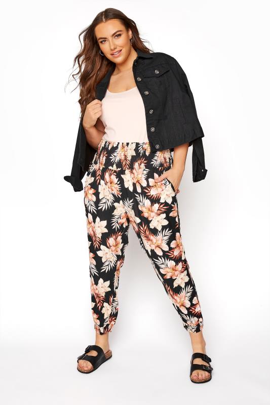 Black Floral Shirred Harem Trousers | Yours Clothing