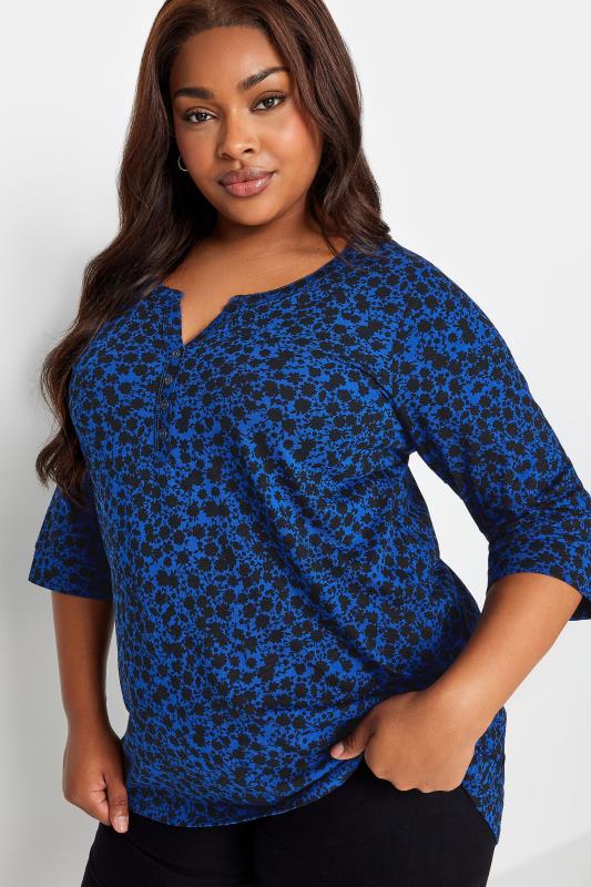 YOURS Plus Size Blue Ditsy Floral Pintuck Henley T-Shirt | Yours Clothing  4