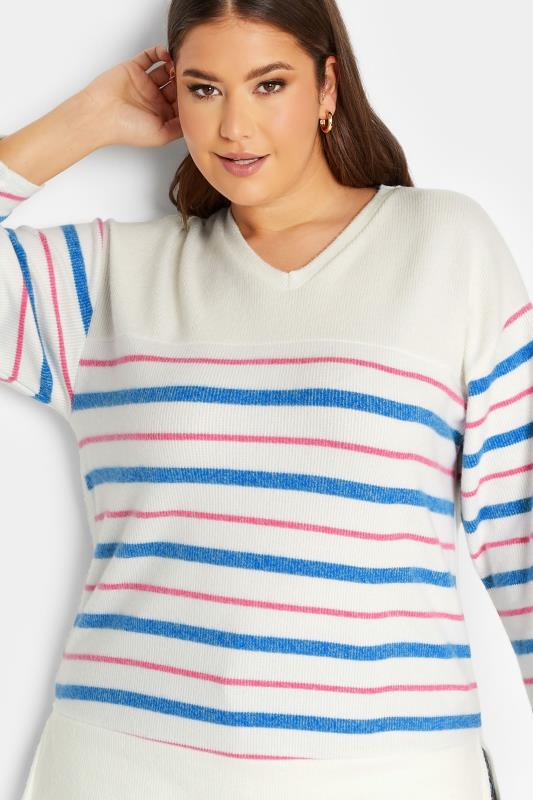YOURS LUXURY Plus Size White & Pink Stripe Soft Touch Jumper | Yours Clothing 1