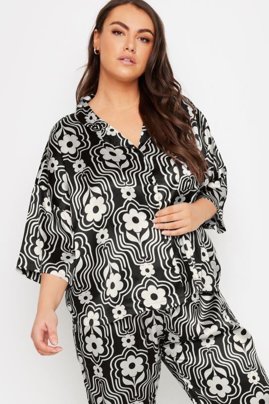 YOURS Plus Size Black Floral Print Satin Pyjama Set | Yours Clothing 4