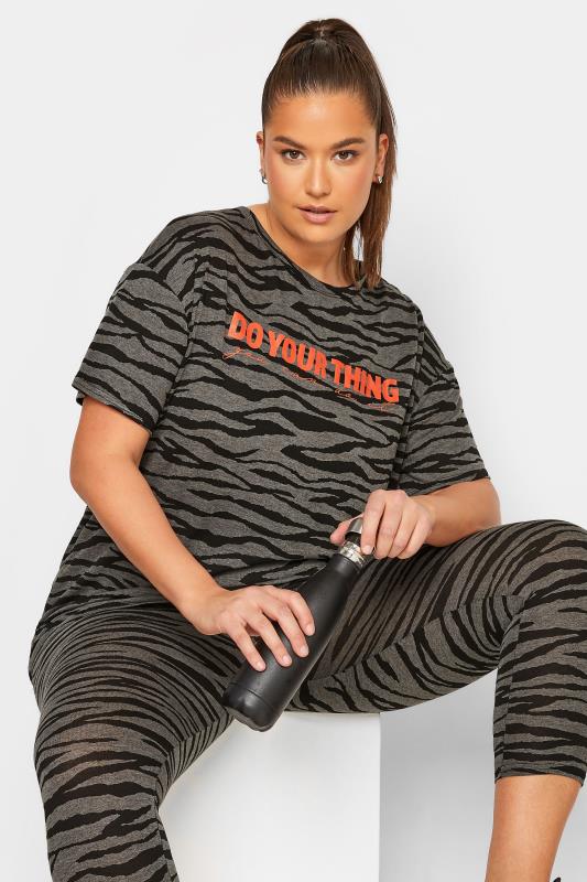 YOURS Curve ACTIVE Grey & Black Zebra Print 'Do Your Thing' Slogan T-Shirt 1